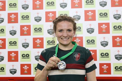 270424 - CRCC Clwb Rygbi Cymry Caerdydd v Old Penarthians RFC - WRU Women’s National Bowl Final - CRCC’s Mirain Jones holds the player of the Match medal 