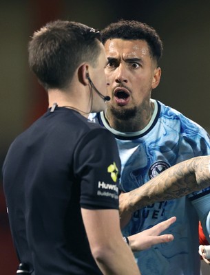 101225 - Crewe Alexandra v Newport County - Sky Bet League 2 - Courtney Baker-Richardson of Newport looks horrified as he is sent off by referee Edward Duckworth