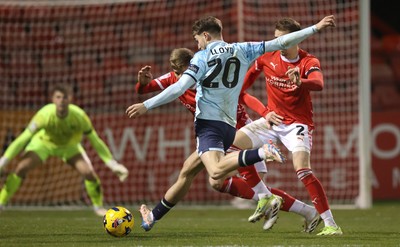 101225 - Crewe Alexandra v Newport County - Sky Bet League 2 - Ben Lloyd of Newport takes a shot on goal which rebounded for an own goal from Crewe player