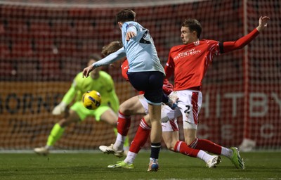 101225 - Crewe Alexandra v Newport County - Sky Bet League 2 - Ben Lloyd of Newport takes a shot on goal which rebounded for an own goal from Crewe player