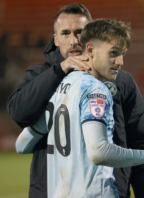 101225 - Crewe Alexandra v Newport County - Sky Bet League 2 - Newport manager Christian Fuchs and Ben Lloyd of Newport