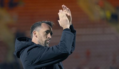 101225 - Crewe Alexandra v Newport County - Sky Bet League 2 - Newport manager Christian Fuchs applaud the travelling fans at the end of the match
