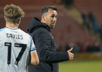 101225 - Crewe Alexandra v Newport County - Sky Bet League 2 - Newport manager Christian Fuchs applaud the travelling fans at the end of the match with thumbs up