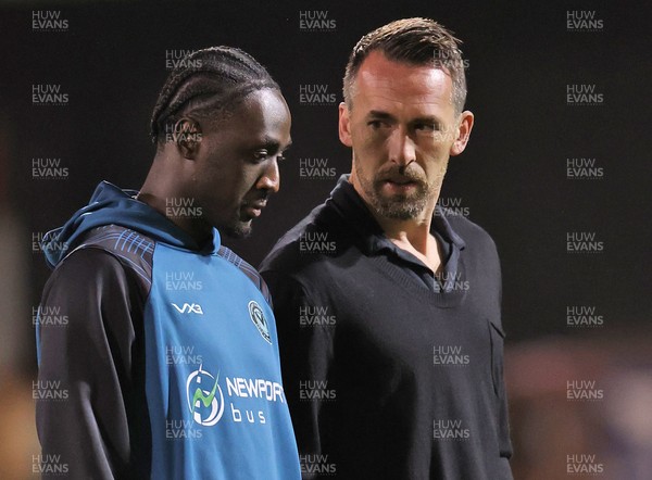101225 - Crewe Alexandra v Newport County - Sky Bet League 2 - Newport manager Christian Fuchs talks to Nathan Opoku of Newport before the match