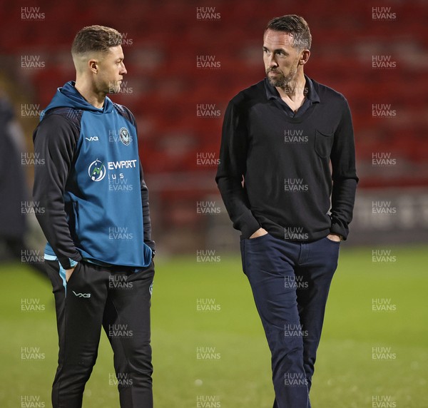 101225 - Crewe Alexandra v Newport County - Sky Bet League 2 - Newport manager Christian Fuchs talks to James Clarke of Newport before the match