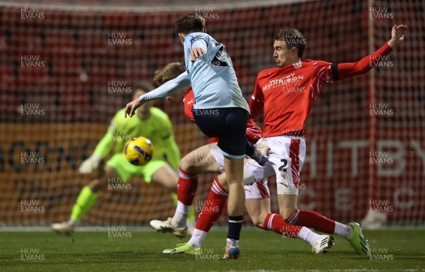 101225 - Crewe Alexandra v Newport County - Sky Bet League 2 - Ben Lloyd of Newport takes a shot on goal which rebounded for an own goal from Crewe player
