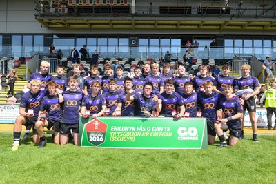 270426 - Crickhowell v Haverfordwest High - Road to Principality Finals - Boys U18s Vase - Haverfordwest players celebrate lifting the vase at full time
