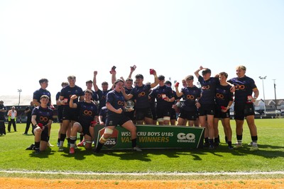 270426 - Crickhowell v Haverfordwest High - Road to Principality Finals - Boys U18s Vase - Haverfordwest players celebrate lifting the vase at full time