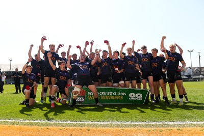 270426 - Crickhowell v Haverfordwest High - Road to Principality Finals - Boys U18s Vase - Haverfordwest players celebrate lifting the vase at full time
