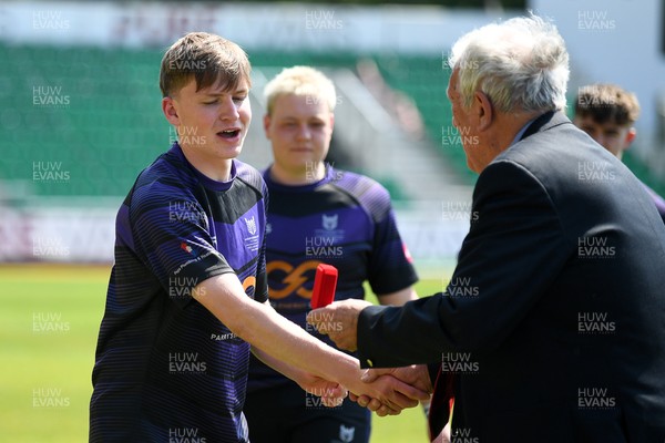 270426 - Crickhowell v Haverfordwest High - Road to Principality Finals - Boys U18s Vase - Haverfordwest players celebrate at full time