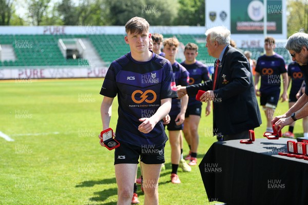 270426 - Crickhowell v Haverfordwest High - Road to Principality Finals - Boys U18s Vase - Haverfordwest players celebrate at full time