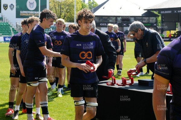 270426 - Crickhowell v Haverfordwest High - Road to Principality Finals - Boys U18s Vase - Haverfordwest players celebrate at full time