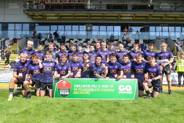 270426 - Crickhowell v Haverfordwest High - Road to Principality Finals - Boys U18s Vase - Haverfordwest players celebrate lifting the vase at full time