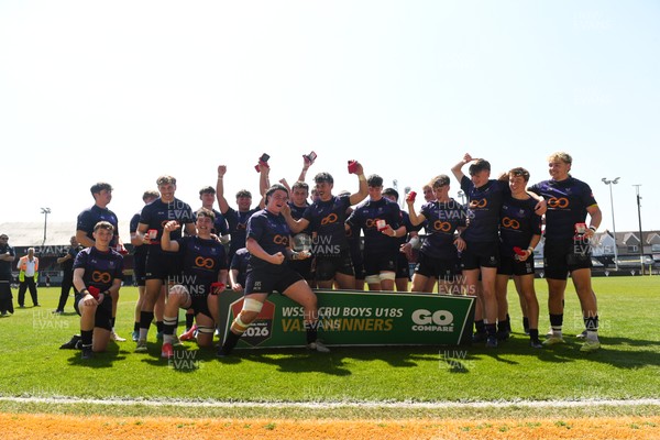 270426 - Crickhowell v Haverfordwest High - Road to Principality Finals - Boys U18s Vase - Haverfordwest players celebrate lifting the vase at full time