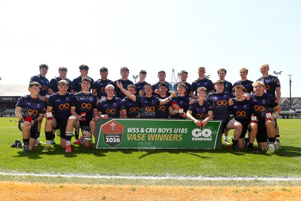 270426 - Crickhowell v Haverfordwest High - Road to Principality Finals - Boys U18s Vase - Haverfordwest players celebrate lifting the vase at full time