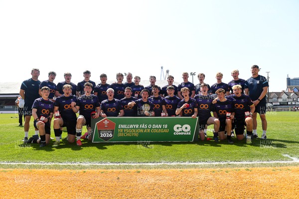 270426 - Crickhowell v Haverfordwest High - Road to Principality Finals - Boys U18s Vase - Haverfordwest players celebrate lifting the vase at full time