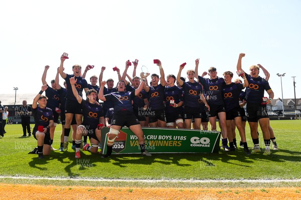 270426 - Crickhowell v Haverfordwest High - Road to Principality Finals - Boys U18s Vase - Haverfordwest players celebrate lifting the vase at full time