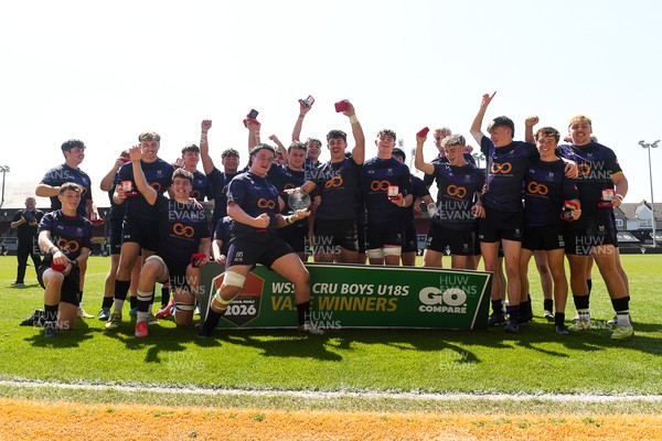 270426 - Crickhowell v Haverfordwest High - Road to Principality Finals - Boys U18s Vase - Haverfordwest players celebrate lifting the vase at full time