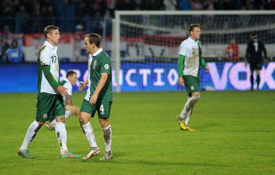 061012 - Croatia v Wales - World Cup QualifierWales' David Vaughan and Simon Church show signs of dejection after the game 