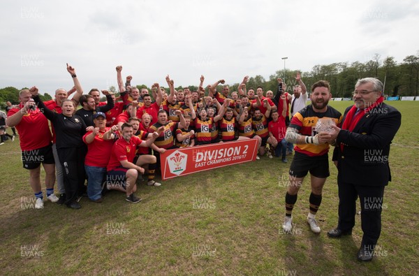 060517 - Croesyceiliog v Abertysswg, League 2 East -  Croesyceiliog captain David Davies receives the WRU League 2 East Trophy from WRU Board Member Bryn Parker