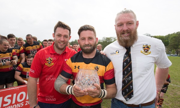 060517 - Croesyceiliog v Abertysswg, League 2 East -  Croesyceiliog captain David Davies with coaches Chris Lanbury, left and Jamie Williams and the League 2 East trophy