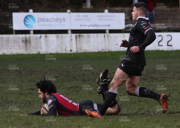 140215 - Cross Keys v Neath, Principality Premiership -Cross Keys Leon Andrews dives in to score try