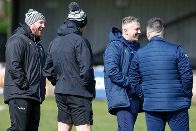 250323 - Cross Keys v Ystrad Rhondda - WRU Championship Cup Semi Final - Ystrad Rhondda and Cross Keys coaching Staff before todays match