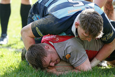 250323 - Cross Keys v Ystrad Rhondda - WRU Championship Cup Semi Final -  Lewis Robey of Cross Keys crosses for a try