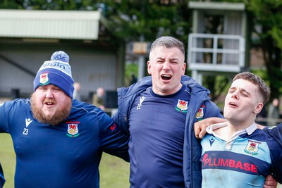 250323 - Cross Keys v Ystrad Rhondda - WRU  Championship Cup Semi Final - Ystrad Rhondda Head coach Dylan Cynlais Jones celebrates his teams win 