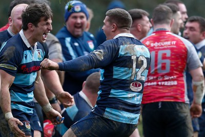 250323 - Cross Keys v Ystrad Rhondda - WRU Championship Cup Semi Final - Jarrad Llewellyn of Ystrad Rhondda celebrates scoring for Ystrad Rhondda