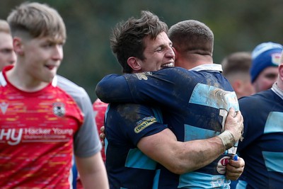 250323 - Cross Keys v Ystrad Rhondda - WRU Championship Cup Semi Final - Jarrad Llewellyn of Ystrad Rhondda celebrates after scoring for Ystrad Rhondda