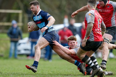 250323 - Cross Keys v Ystrad Rhondda - WRU Championship Cup Semi Final - Kurtis Williams of Ystrad Rhondda on way to scoring a try 