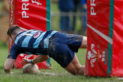 250323 - Cross Keys v Ystrad Rhondda - WRU Championship Cup Semi Final - Kurtis Williams of Ystrad Rhondda scores a try today