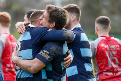 250323 - Cross Keys v Ystrad Rhondda - WRU Championship Cup Semi Final - Ystrad Rhondda players celebrate at end of game