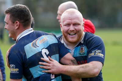 250323 - Cross Keys v Ystrad Rhondda - WRU Championship Cup Semi Final - Ystrad Rhondda players Mason Roderick and Tom Foulkes celebrate at end of game 