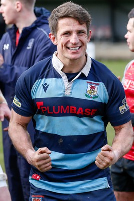 250323 - Cross Keys v Ystrad Rhondda - WRU Championship Cup Semi Final - Jarrad Llewellyn of Ystrad Rhondda celebrates after game