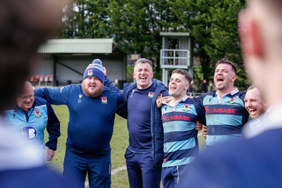 250323 - Cross Keys v Ystrad Rhondda - WRU Championship Cup Semi Final - Ystrad Rhondda players and staff celebrate after game