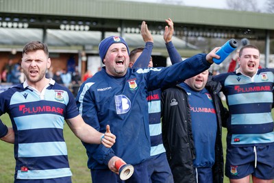 250323 - Cross Keys v Ystrad Rhondda - WRU Championship Cup Semi Final - Ystrad Rhondda players and staff celebrate after match