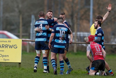 250323 - Cross Keys v Ystrad Rhondda - WRU Championship Cup Semi Final - Alex Webber of Ystrad Rhondda celebrates after try 