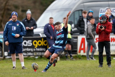 250323 - Cross Keys v Ystrad Rhondda - WRU Championship Cup Semi Final - Rhys Truelove of Ystrad Rhondda converts a penalty