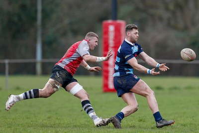 250323 - Cross Keys v Ystrad Rhondda - WRU Championship Cup Semi Final - Alex Webber of Ystrad Rhondda gives a pass out