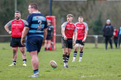 250323 - Cross Keys v Ystrad Rhondda - WRU Championship Cup Semi Final - Sam Berry of Cross Keys takes a penaly