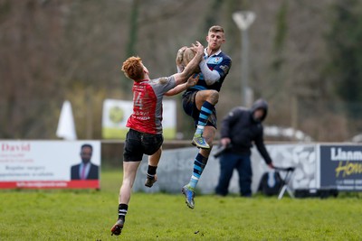 250323 - Cross Keys v Ystrad Rhondda - WRU Championship Cup Semi Final - Josh Williams of Ystrad Rhondda takes high ball