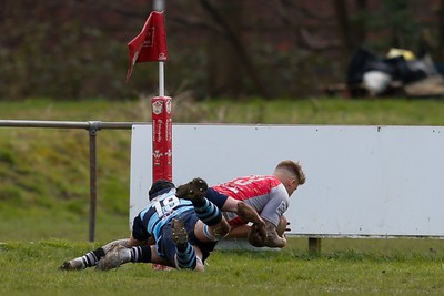 250323 - Cross Keys v Ystrad Rhondda - WRU Championship Cup Semi Final - Cameron Davies of Cross Keys  scores a try 