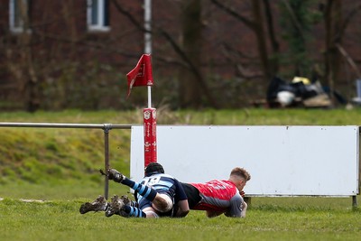 250323 - Cross Keys v Ystrad Rhondda - WRU Championship Cup Semi Final - Cameron Davies of Cross Keys  scores a try