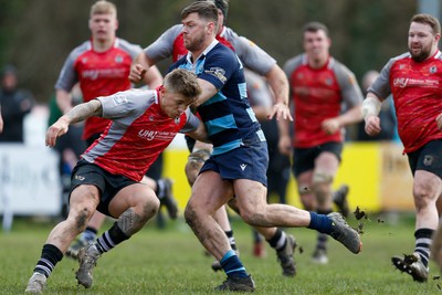 250323 - Cross Keys v Ystrad Rhondda - WRU Championship Cup Semi Final - Alex Webber of Ystrad Rhondda on way to his try 