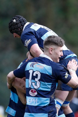 250323 - Cross Keys v Ystrad Rhondda - WRU Championship Cup Semi Final - Ystrad Rhondda player celebrate Alex Webber try