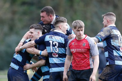 250323 - Cross Keys v Ystrad Rhondda - WRU Championship Cup Semi Final - Ystrad Rhondda players celebrate Alex Webber try