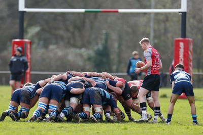 250323 - Cross Keys v Ystrad Rhondda - WRU Championship Cup Semi Final - Ystrad Rhondda and Cross Keys scrum down