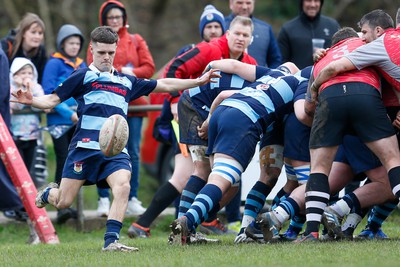 250323 - Cross Keys v Ystrad Rhondda - WRU Championship Cup Semi Final - Callum Phillips of Ystrad Rhondda kick balls